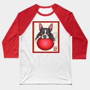 Funny Boston Terrier on Red Ball on classic red trimmed stamp Baseball T-Shirt